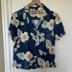 Vintage Hawaiian floral button up shirt, blue, tropical print